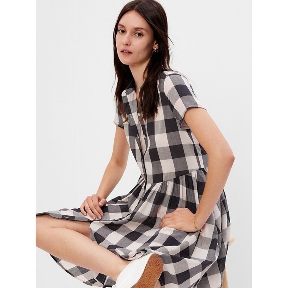 GAP Empire Waist Mini Dress Womens XS Black Gray Checkered Short Sleeve Plaid